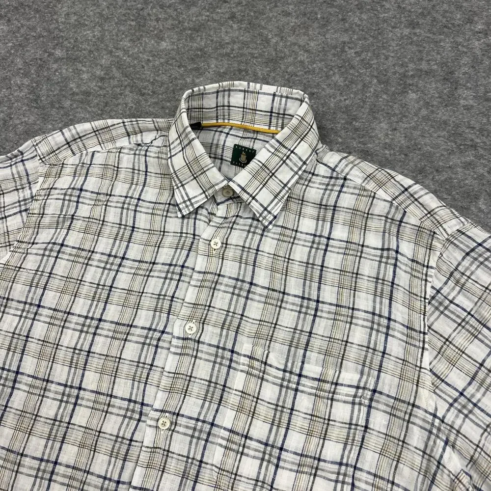 Robert Talbott Shirt Mens L White Plaid Linen Button Up Classic Casual Summer